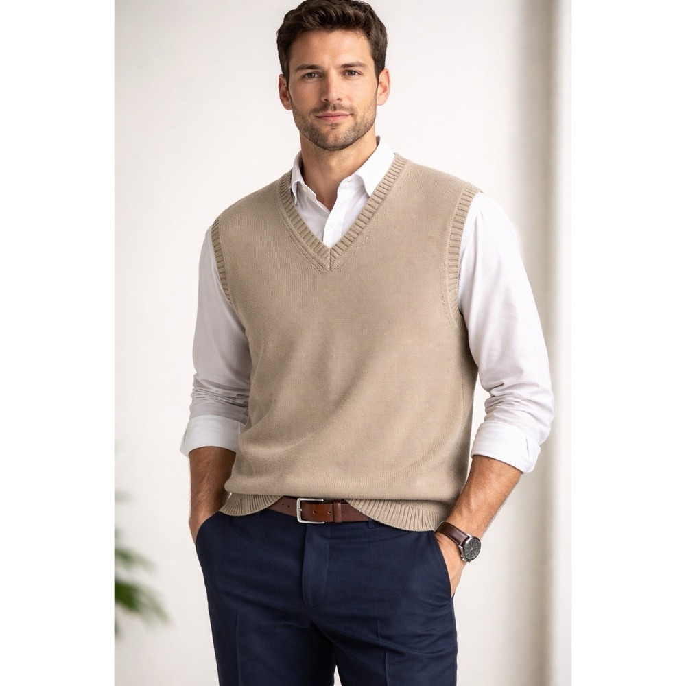 L.L. Bean Men's XL TALL Sweater Vest Beige 100% Cotton V-Neck Classic Knit